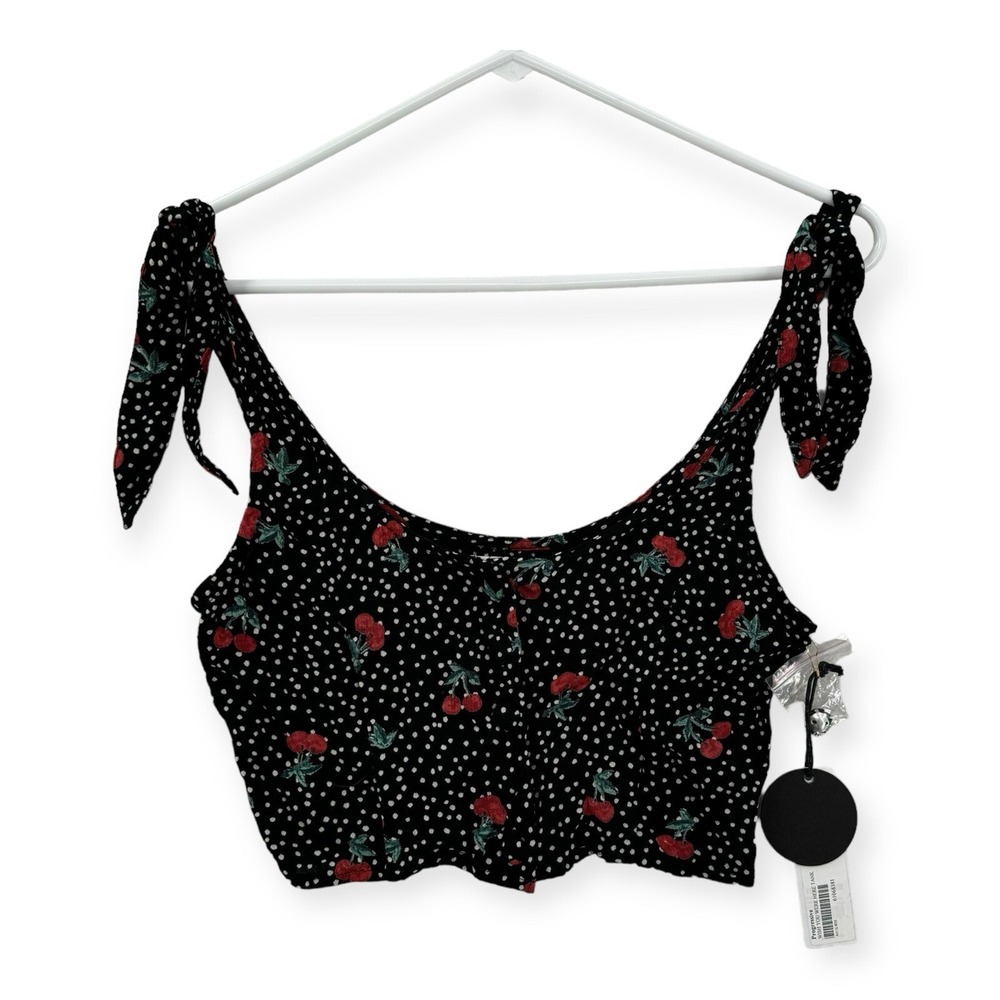 NWT Amuse‎ Society Tank Top Womens XS Black Polka Dot Cherry Cropped Tie